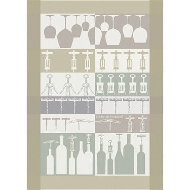 Beige tea towel with tonal grey and beige wine glasses, wine openers, and bottles of wine.
