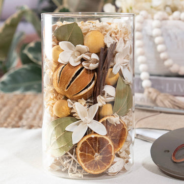 Lemon Zest & Thyme Potpourri in glass jar with wood lid by Andaluca