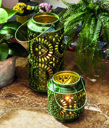 Aura Enamel Iron Lantern | Green Shown with candle and larger size lantern