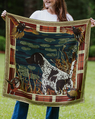 Pheasant Watch Silk Scarf | Navy & Wine Being held up by model