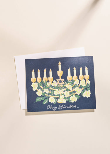 Happy Hanukkah Floral Menorah Greeting Card - Set of 10