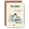 Greeting card with a penguin and ice block illustration and text about a new home and housewarming party.