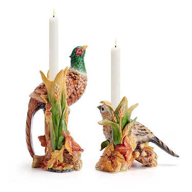 Fitz & Floyd Hand-Painted Earthenware Fall Harvest Pheasant Candleholders Rear view