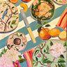Peachy Greeting Card - this card shows a set table with chinoiserie dinnerware and peaches, coffee cups with coffee, and a slice of pie on a plate