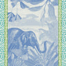 Decorative fabric with blue elephant and jungle design on a teal background