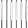 Image shows six seafood picks lined up in a row. One end has a two pronged fork, while the opposite end has a thin, slightly curved scoop.