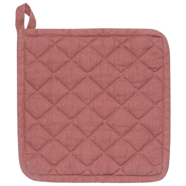 Quilted pink pot holder on a white background