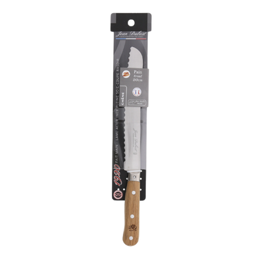 Bread knife with wooden handle in packaging on a white background