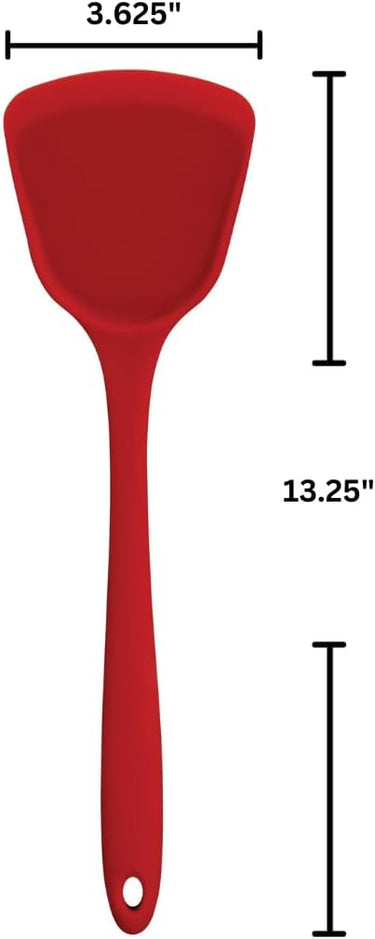Image showing dimensions of red silicone wok turner: 3.625” wide by 13.25” long