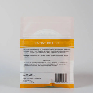Packaging of Lemony Dill Dip with text and branding on a white background
