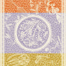 Decorative design with a central plate surrounded by floral elements on an orange, purple, and yellow background.