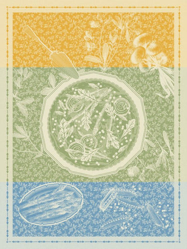 Decorative design with floral elements and geometric shapes on a striped background