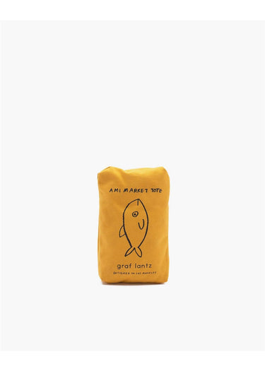 Yellow bag with fish design and text on a white background