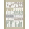 Beige tea towel with tonal grey and beige wine glasses, wine openers, and bottles of wine.