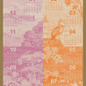 Calendar tea towel in orange, lavender, and red, featuring the 2027 calendar year