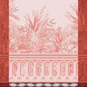 A rectangular tea towel featuring a terracotta red and pale pink toile-style botanical pattern with an arched window motif and decorative border.