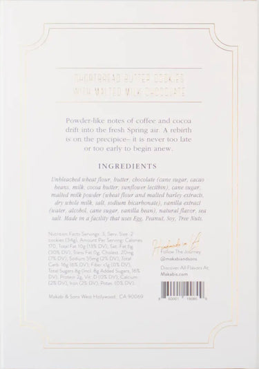 Makabi and Sons Malted Milk Chocolate Shortbread Butter Cookies Package reverse with ingredients list