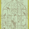 Sonate Tea Towel Collection Shown in Green colorway. Towel features several exotic birds sitting on an outline of a large aviary. The background is vegetation with leaves, flowers and fruit.