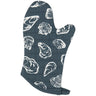 Shellfish oven mitt. Blue background with white shell outlines