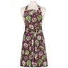 Artichoke apron features whole and halved artichokes against a plum colored background.