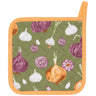 Aromatics Potholder features onions, shallots and garlic against a green background