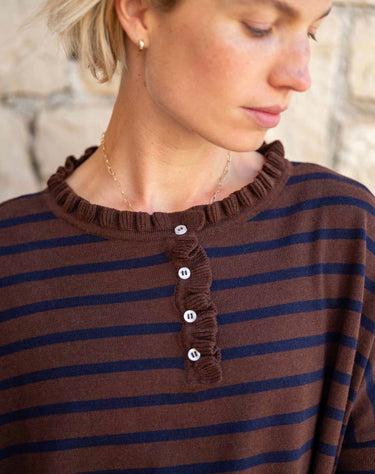 Catalina Ruffle Henley Sweater | Walnut & Marine detail of buttons and collar