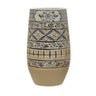 Hand painted vase with floral designs in soft shades of blue, yellow, and cream