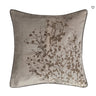 A square embroidered throw pillow with natural linen and cotton fabric, featuring a floral pattern in gray and black colors with sleek black piping.