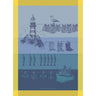 Blue lighthouse fish boat seagull tea towel