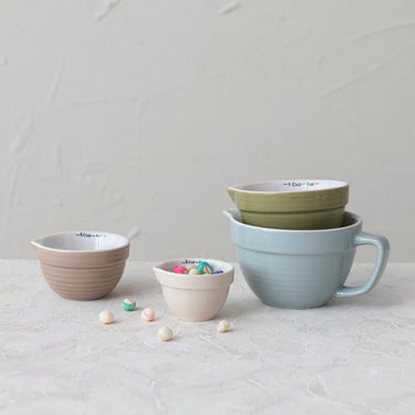 Neutral Small Stoneware Batter Bowl Collection in shades of cream, beige, green, and grey