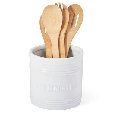 Everyday White Bistro Utensil Crock shown with utensils (not included)