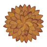 A circular floral arrangement made from overlapping autumn leaves in warm shades of orange, brown, and tan, centered on a plain white background.