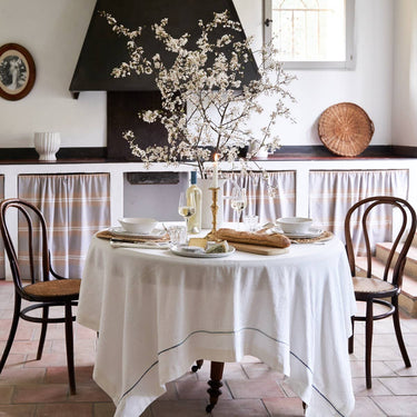White & Navy Hemstitch Two Tone Tablecloth